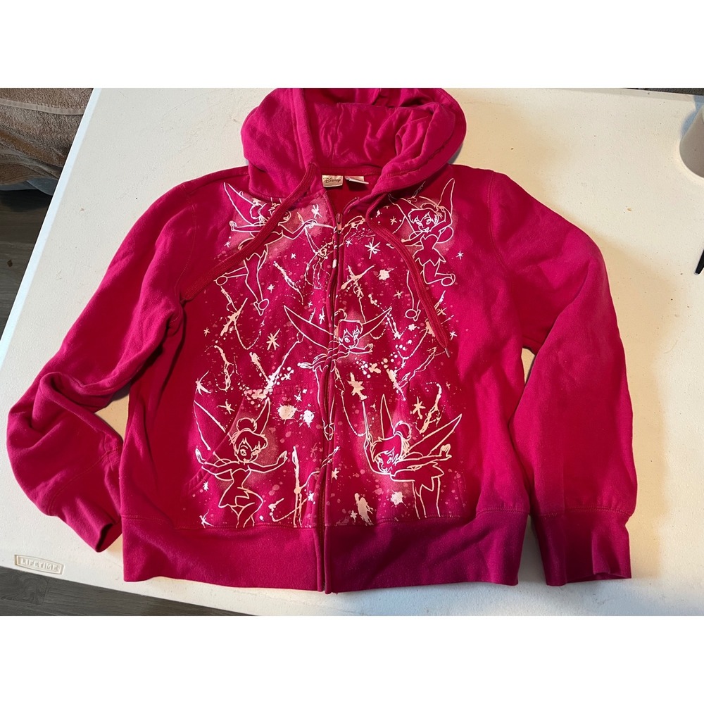 Disney Tinker Bell Graphic Full Zip Hoodie Magenta Pink XL Splatter Print